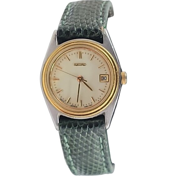 Seiko Ladies Quartz Watch 6" Green Crocodile Leather Band 24mm Day Window VTG - Picture 1 of 16